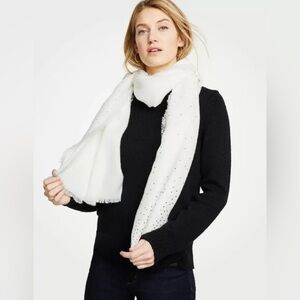 Ann Taylor Scarf Wrap Ivory Silver Foil Dots Fringe